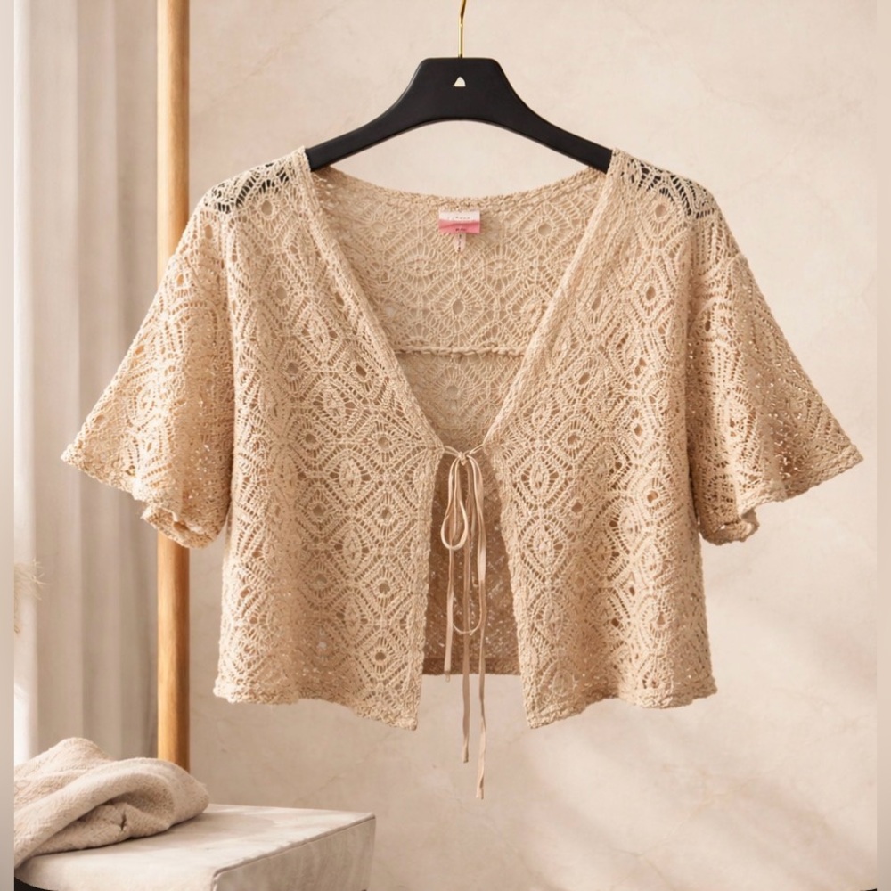 Crochet Tie-Front Short Cardigan in Beige